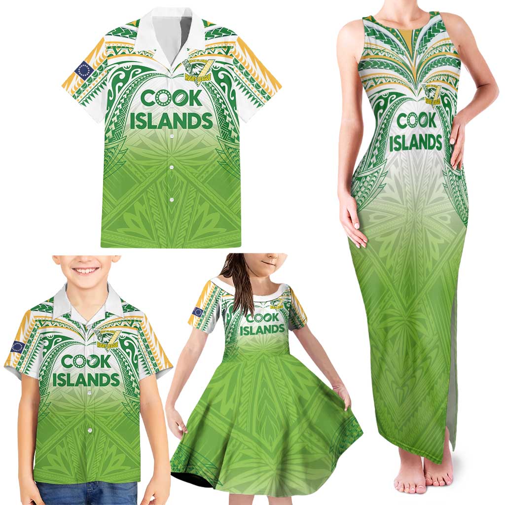 Custom Cook Islands Rugby League Family Matching Tank Maxi Dress and Hawaiian Shirt Tatau Tribal Motifs-Light Green Color - Polynesian Pride