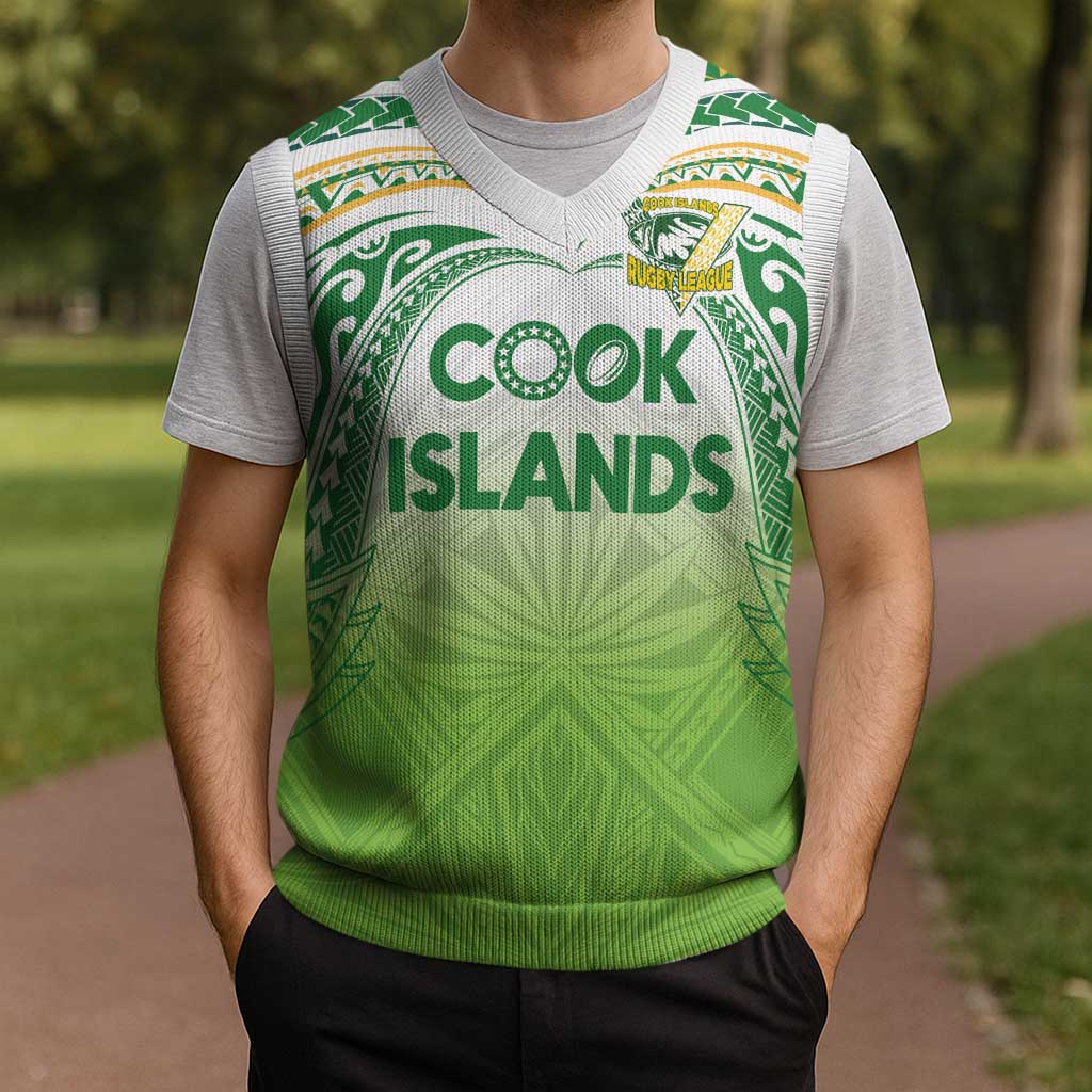 Custom Cook Islands Rugby League Christmas Knitted V-Neck Vest Tatau Tribal Motifs-Light Green Color LT03 - Polynesian Pride