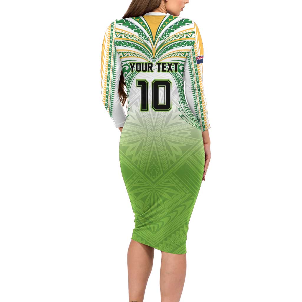 Custom Cook Islands Rugby League Long Sleeve Bodycon Dress Tatau Tribal Motifs-Light Green Color LT03 - Polynesian Pride