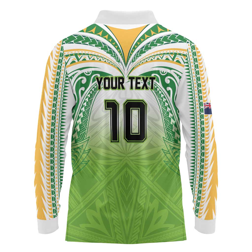 Custom Cook Islands Rugby League Long Sleeve Polo Shirt Tatau Tribal Motifs-Light Green Color LT03 - Polynesian Pride