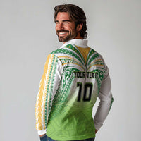 Custom Cook Islands Rugby League Long Sleeve Polo Shirt Tatau Tribal Motifs-Light Green Color LT03 - Polynesian Pride