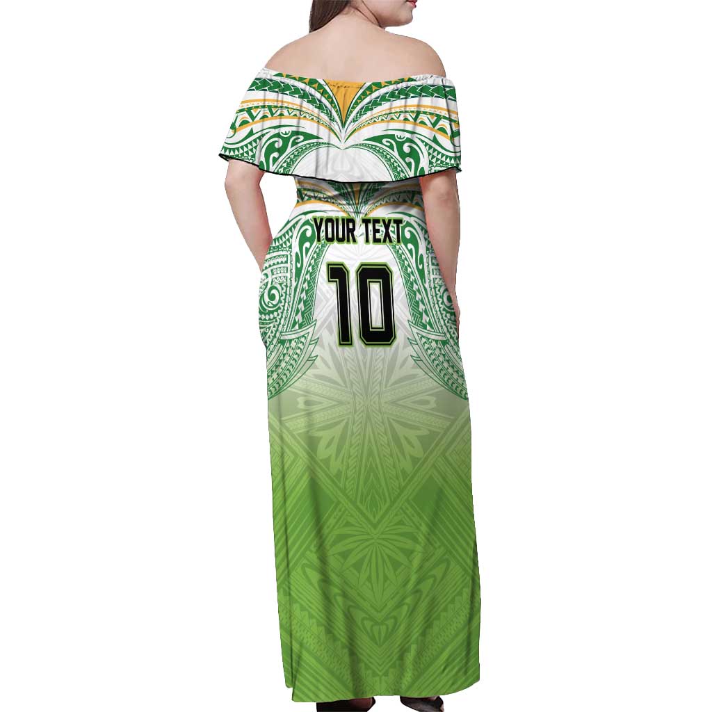Custom Cook Islands Rugby League Off Shoulder Maxi Dress Tatau Tribal Motifs-Light Green Color LT03 - Polynesian Pride