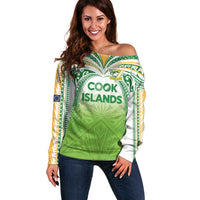 Custom Cook Islands Rugby League Off Shoulder Sweater Tatau Tribal Motifs-Light Green Color LT03 Women Green - Polynesian Pride