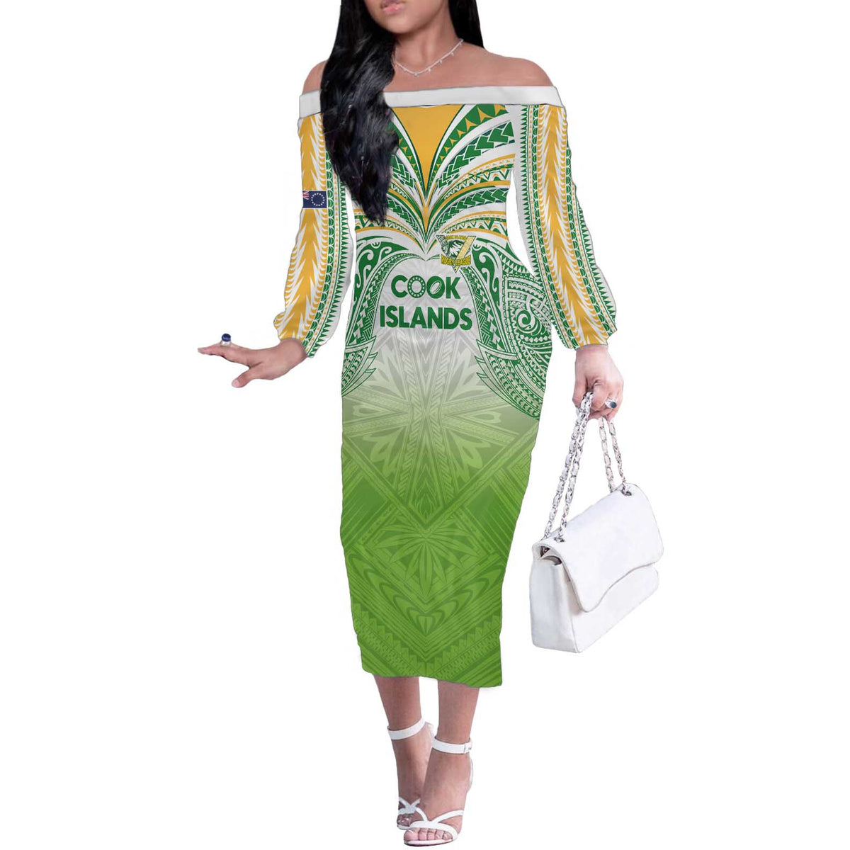 Custom Cook Islands Rugby League Off The Shoulder Long Sleeve Dress Tatau Tribal Motifs-Light Green Color LT03 Women Green - Polynesian Pride