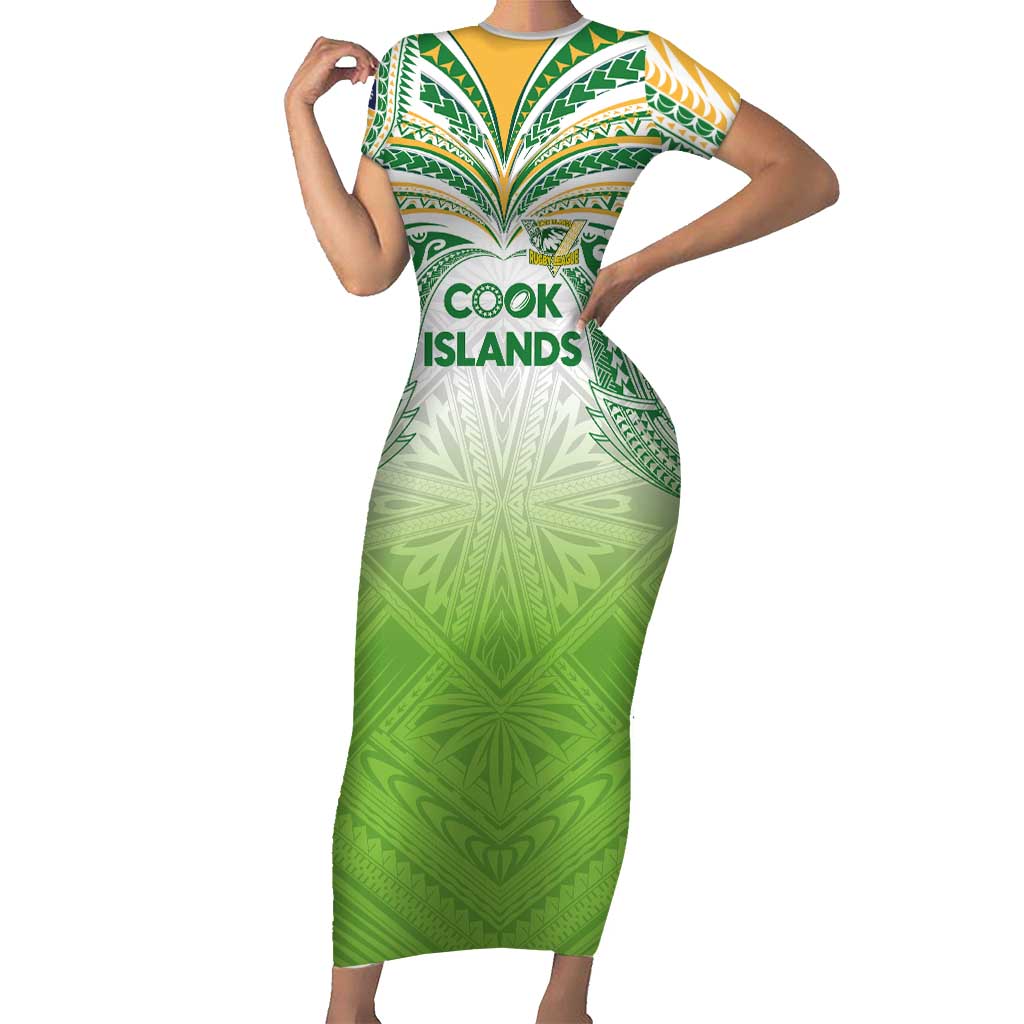 Custom Cook Islands Rugby League Short Sleeve Bodycon Dress Tatau Tribal Motifs-Light Green Color LT03 Long Dress Green - Polynesian Pride
