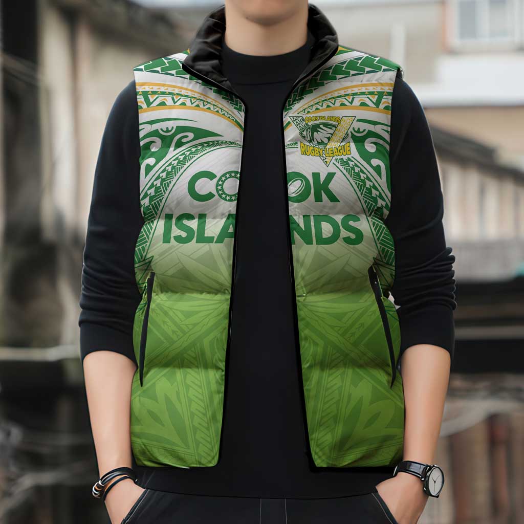 Custom Cook Islands Rugby League Sleeveless Puffer Jacket Tatau Tribal Motifs-Light Green Color LT03 - Polynesian Pride