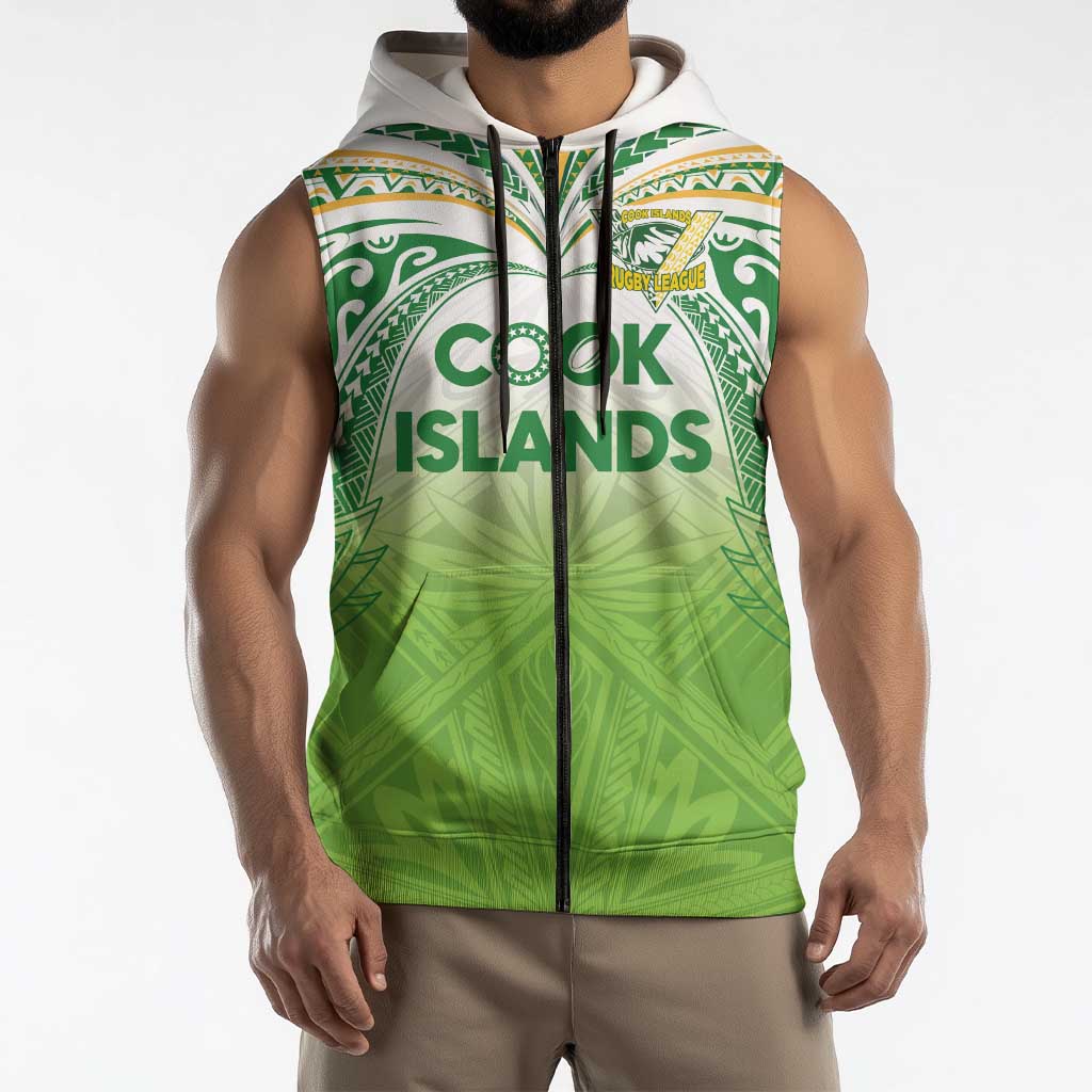Custom Cook Islands Rugby League Sleeveless Zip Hoodie Tatau Tribal Motifs-Light Green Color LT03 - Polynesian Pride