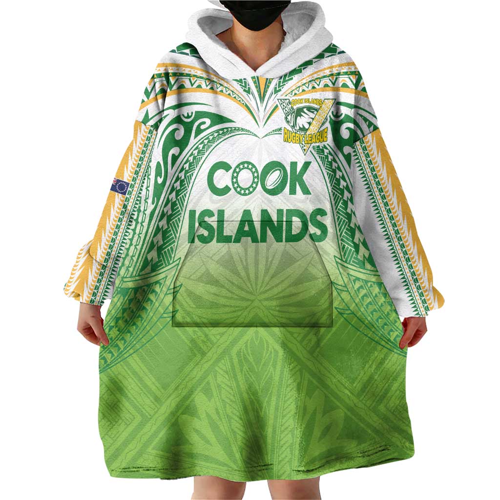 Custom Cook Islands Rugby League Wearable Blanket Hoodie Tatau Tribal Motifs-Light Green Color LT03 - Polynesian Pride