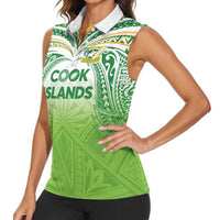Custom Cook Islands Rugby League Women Sleeveless Polo Shirt Tatau Tribal Motifs-Light Green Color LT03 - Polynesian Pride