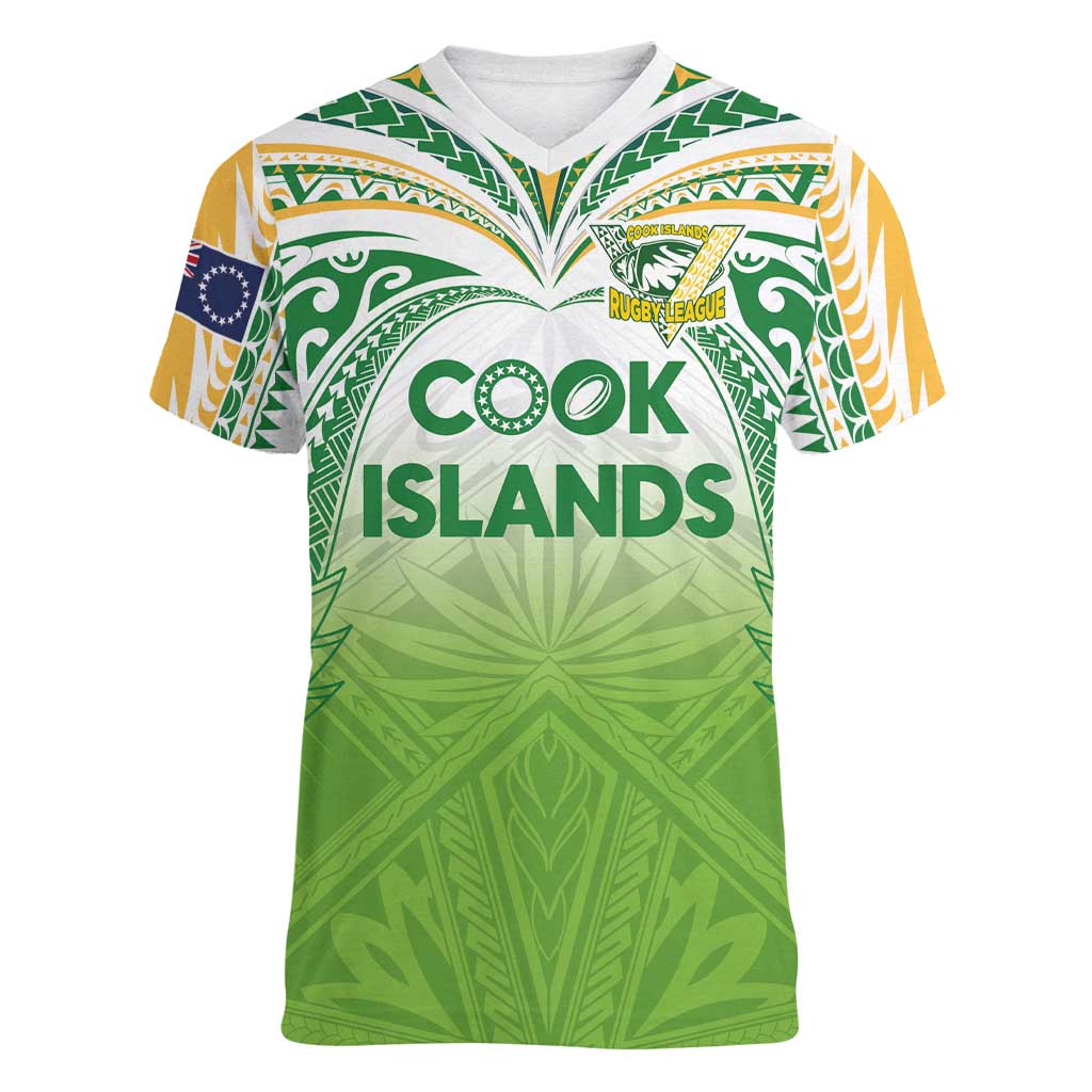 Custom Cook Islands Rugby League Women V-Neck T-Shirt Tatau Tribal Motifs-Light Green Color - Polynesian Pride