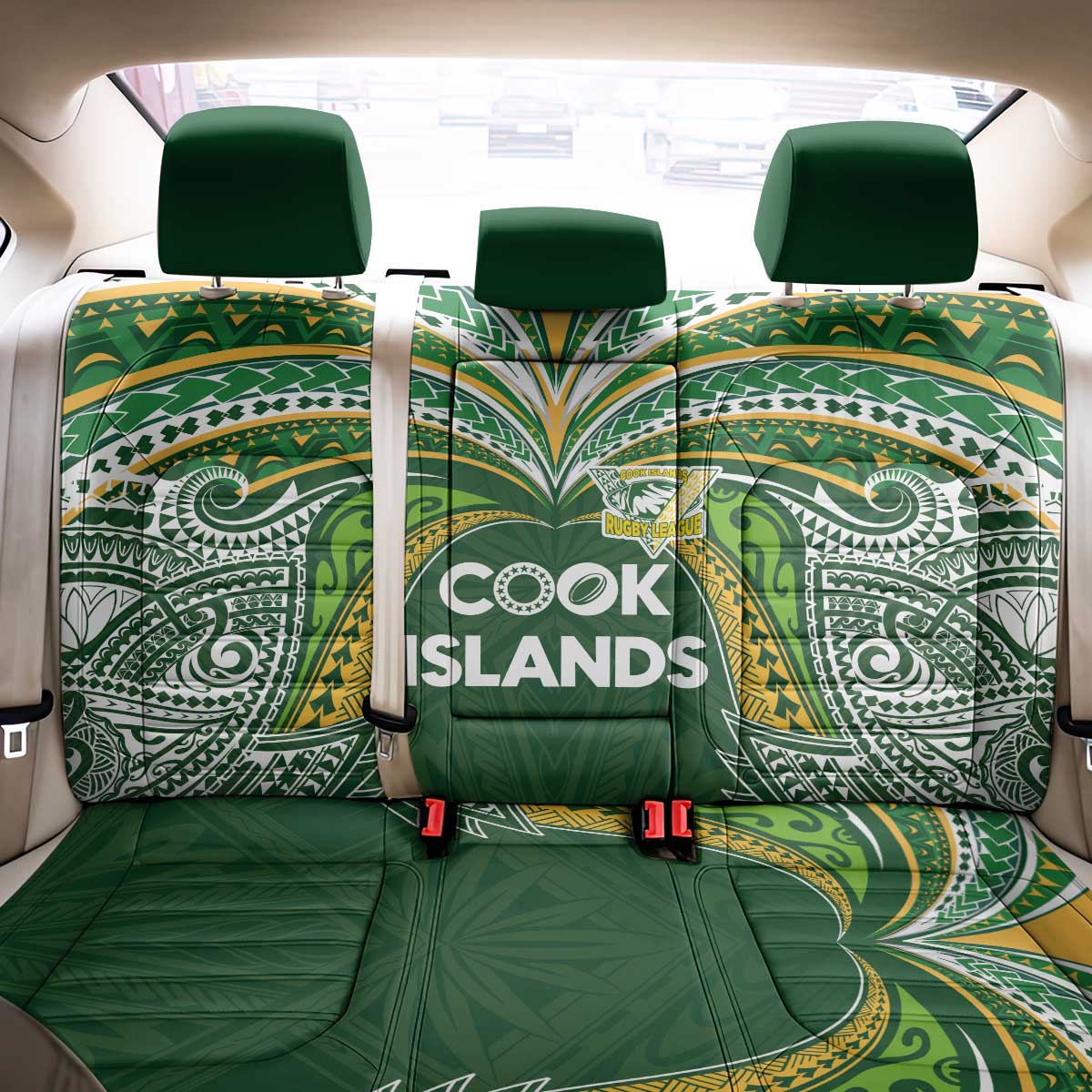 Cook Islands Rugby League Back Car Seat Cover Tatau Tribal Motifs-Dark Green Color LT03 - Polynesian Pride