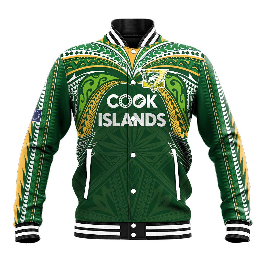 Custom Cook Islands Rugby League Baseball Jacket Tatau Tribal Motifs-Dark Green Color LT03 Unisex Green - Polynesian Pride