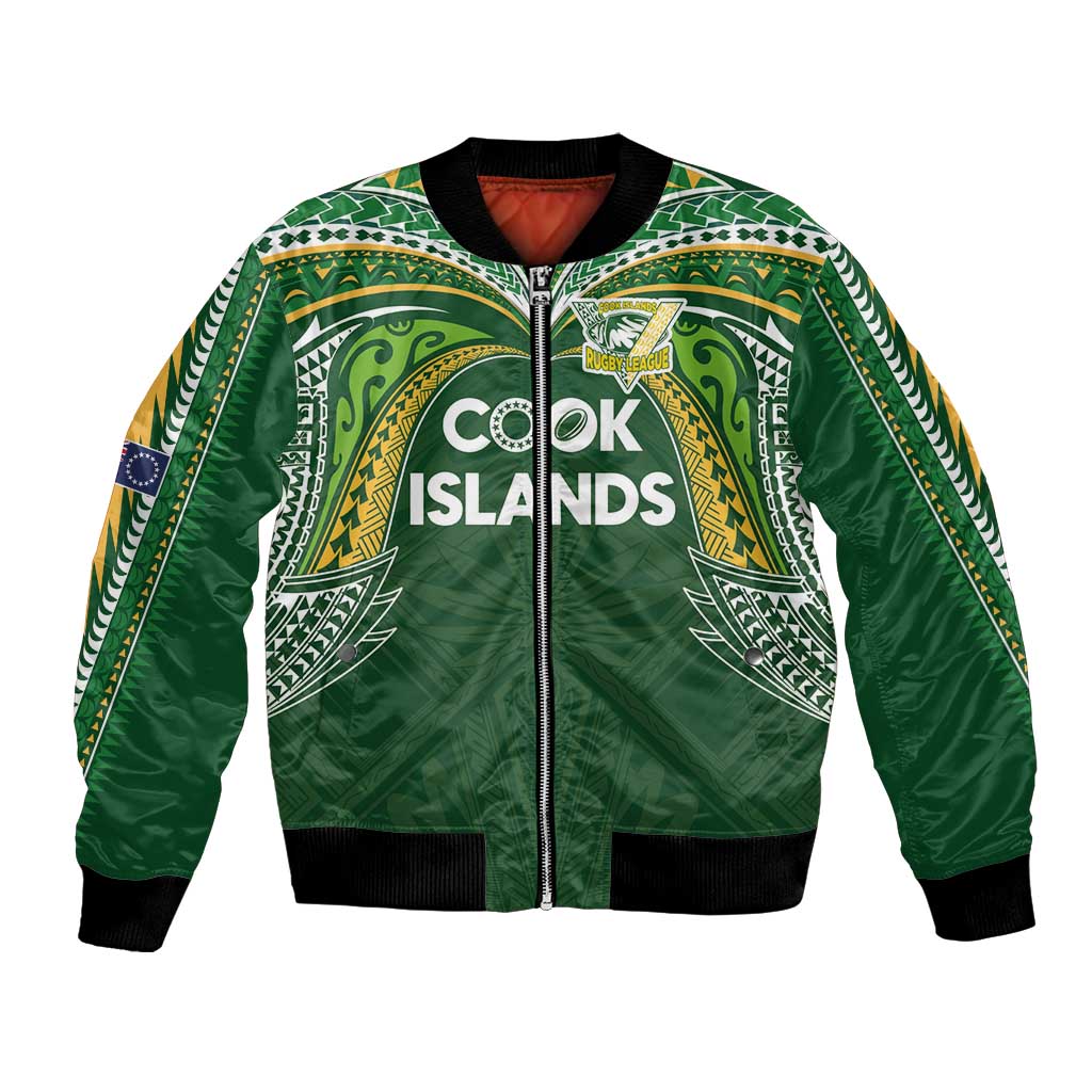 Custom Cook Islands Rugby League Bomber Jacket Tatau Tribal Motifs-Dark Green Color LT03 Unisex Green - Polynesian Pride