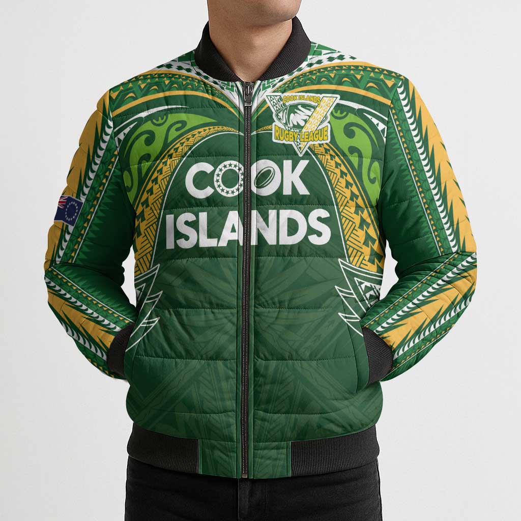 Custom Cook Islands Rugby League Bomber Puffer Jacket Tatau Tribal Motifs-Dark Green Color LT03 - Polynesian Pride