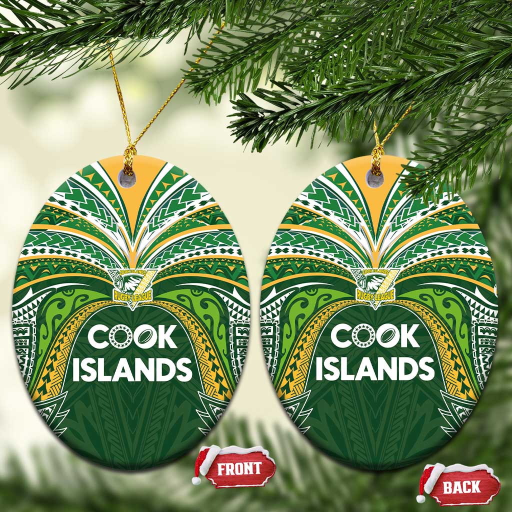 Cook Islands Rugby League Ceramic Ornament Tatau Tribal Motifs-Dark Green Color LT03 Oval Green - Polynesian Pride