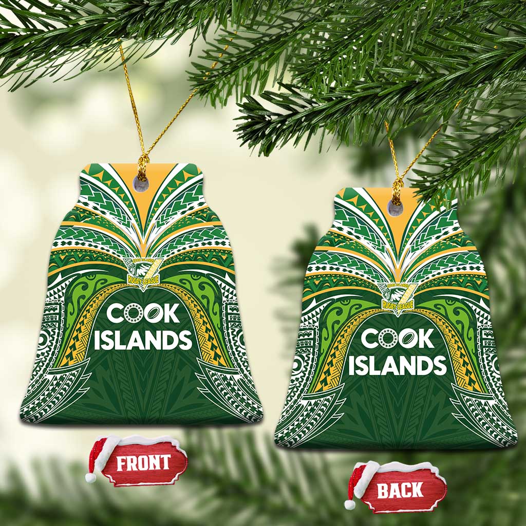 Cook Islands Rugby League Ceramic Ornament Tatau Tribal Motifs-Dark Green Color LT03 Bell Flake Green - Polynesian Pride