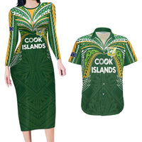 Custom Cook Islands Rugby League Couples Matching Long Sleeve Bodycon Dress and Hawaiian Shirt Tatau Tribal Motifs-Dark Green Color LT03 Green - Polynesian Pride