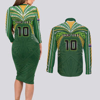 Custom Cook Islands Rugby League Couples Matching Long Sleeve Bodycon Dress and Long Sleeve Button Shirt Tatau Tribal Motifs-Dark Green Color LT03 - Polynesian Pride