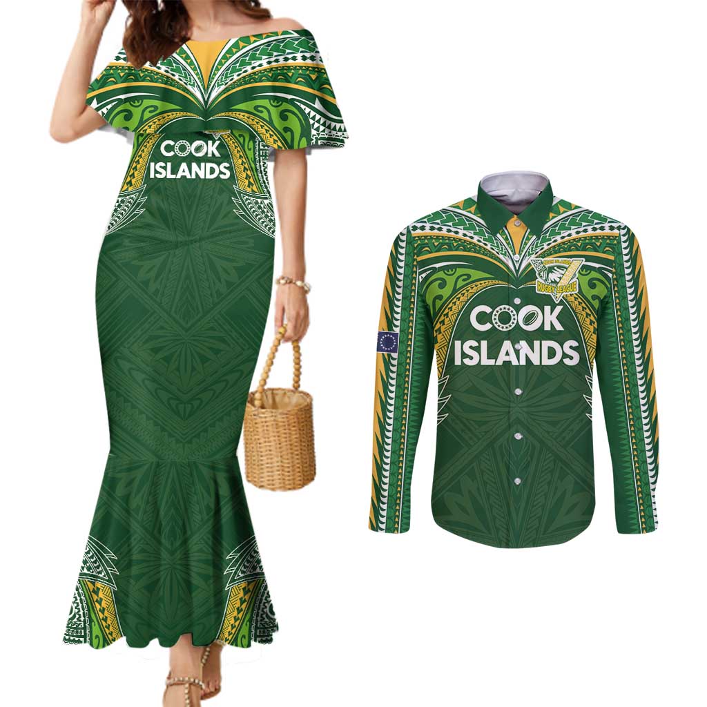 Custom Cook Islands Rugby League Couples Matching Mermaid Dress and Long Sleeve Button Shirt Tatau Tribal Motifs-Dark Green Color LT03 Green - Polynesian Pride