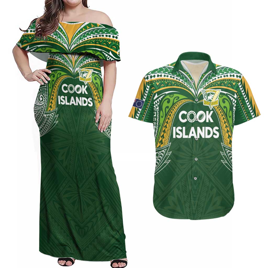 Custom Cook Islands Rugby League Couples Matching Off Shoulder Maxi Dress and Hawaiian Shirt Tatau Tribal Motifs-Dark Green Color LT03 Green - Polynesian Pride