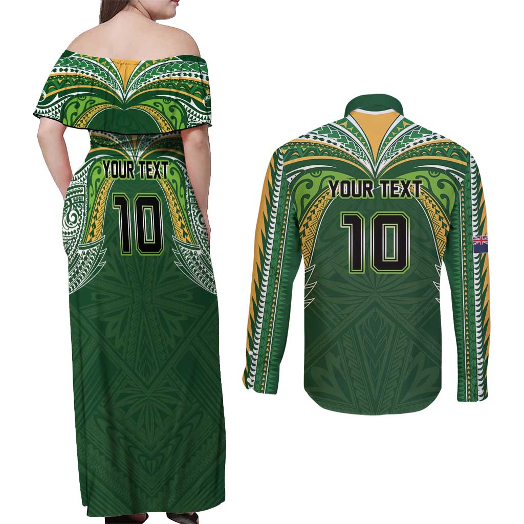 Custom Cook Islands Rugby League Couples Matching Off Shoulder Maxi Dress and Long Sleeve Button Shirt Tatau Tribal Motifs-Dark Green Color LT03 - Polynesian Pride