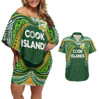 Custom Cook Islands Rugby League Couples Matching Off Shoulder Short Dress and Hawaiian Shirt Tatau Tribal Motifs-Dark Green Color LT03 Green - Polynesian Pride