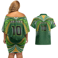 Custom Cook Islands Rugby League Couples Matching Off Shoulder Short Dress and Hawaiian Shirt Tatau Tribal Motifs-Dark Green Color LT03 - Polynesian Pride