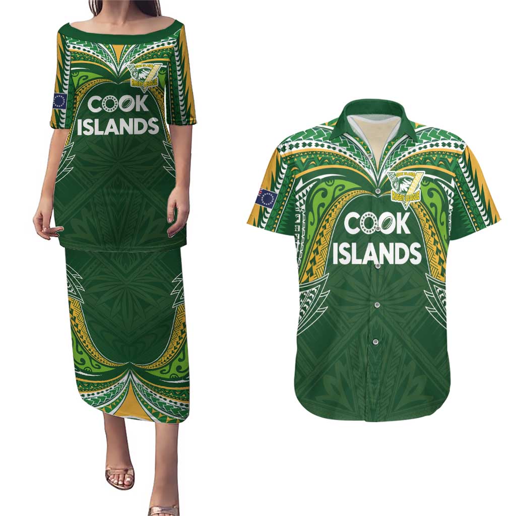 Custom Cook Islands Rugby League Couples Matching Puletasi and Hawaiian Shirt Tatau Tribal Motifs-Dark Green Color LT03 Green - Polynesian Pride
