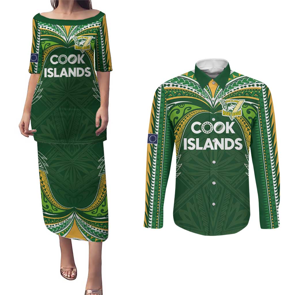 Custom Cook Islands Rugby League Couples Matching Puletasi and Long Sleeve Button Shirt Tatau Tribal Motifs-Dark Green Color - Polynesian Pride