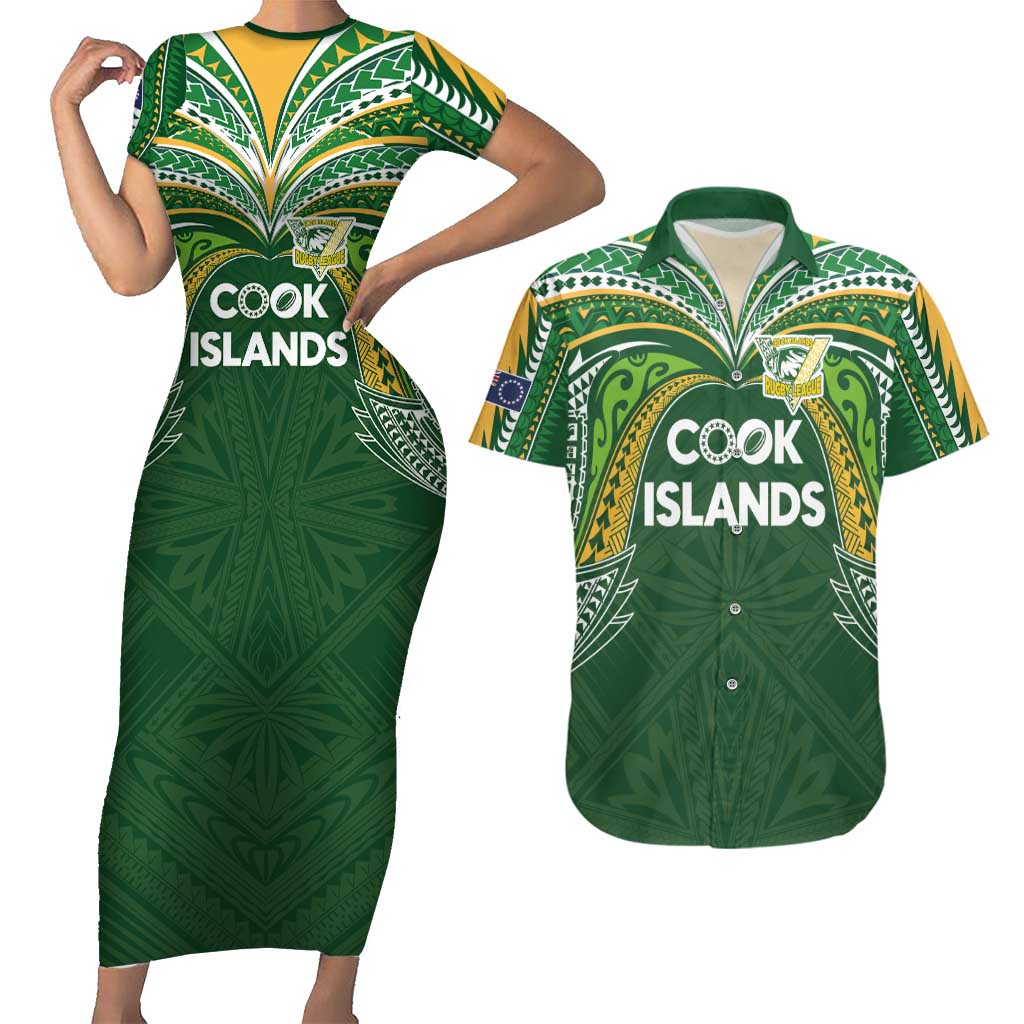 Custom Cook Islands Rugby League Couples Matching Short Sleeve Bodycon Dress and Hawaiian Shirt Tatau Tribal Motifs-Dark Green Color LT03 Green - Polynesian Pride