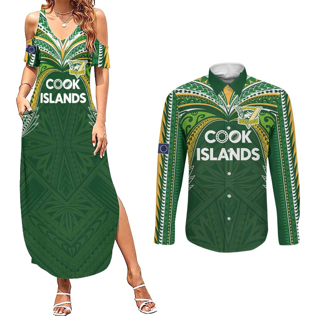 Custom Cook Islands Rugby League Couples Matching Summer Maxi Dress and Long Sleeve Button Shirt Tatau Tribal Motifs-Dark Green Color LT03 Green - Polynesian Pride