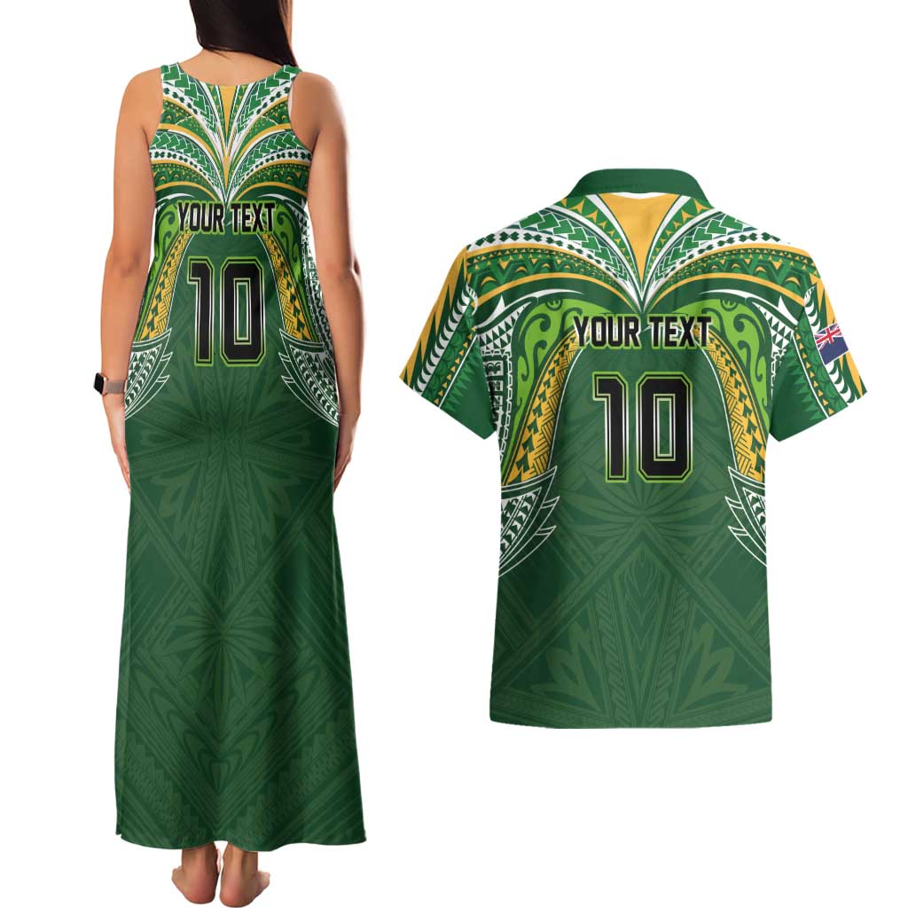 Custom Cook Islands Rugby League Couples Matching Tank Maxi Dress and Hawaiian Shirt Tatau Tribal Motifs-Dark Green Color LT03 - Polynesian Pride