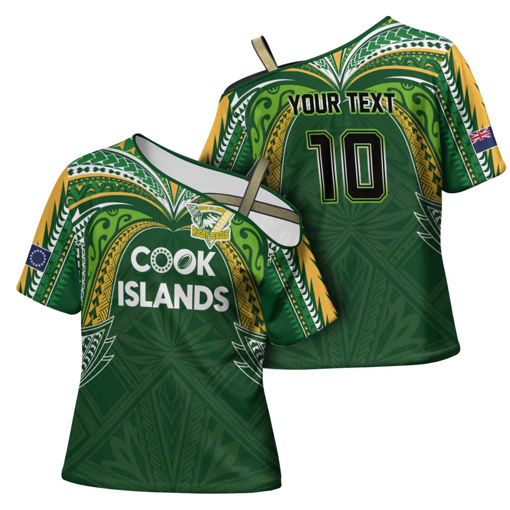 Custom Cook Islands Rugby League Cross Shoulder Shirt Tatau Tribal Motifs-Dark Green Color LT03 - Polynesian Pride