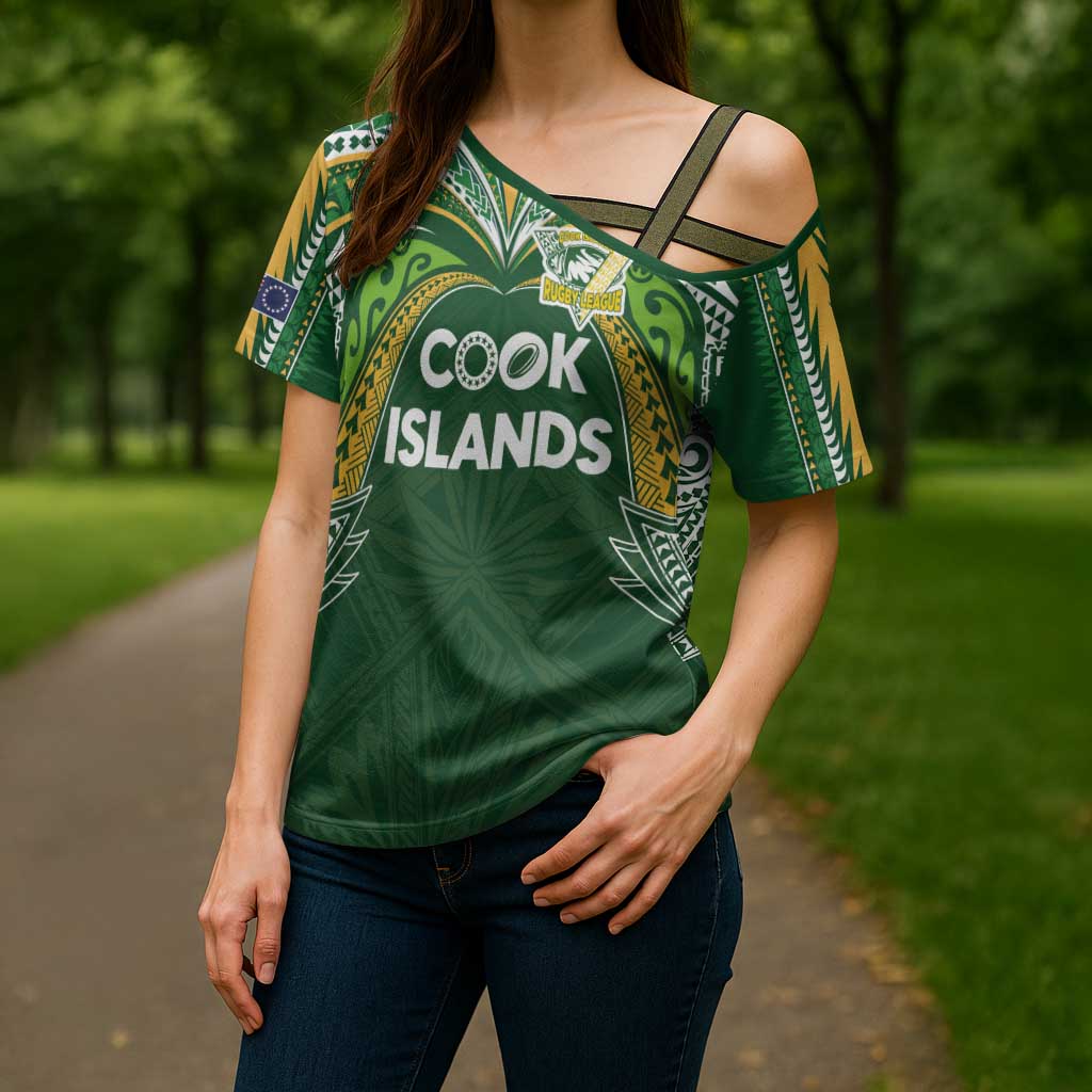 Custom Cook Islands Rugby League Cross Shoulder Shirt Tatau Tribal Motifs-Dark Green Color LT03 - Polynesian Pride