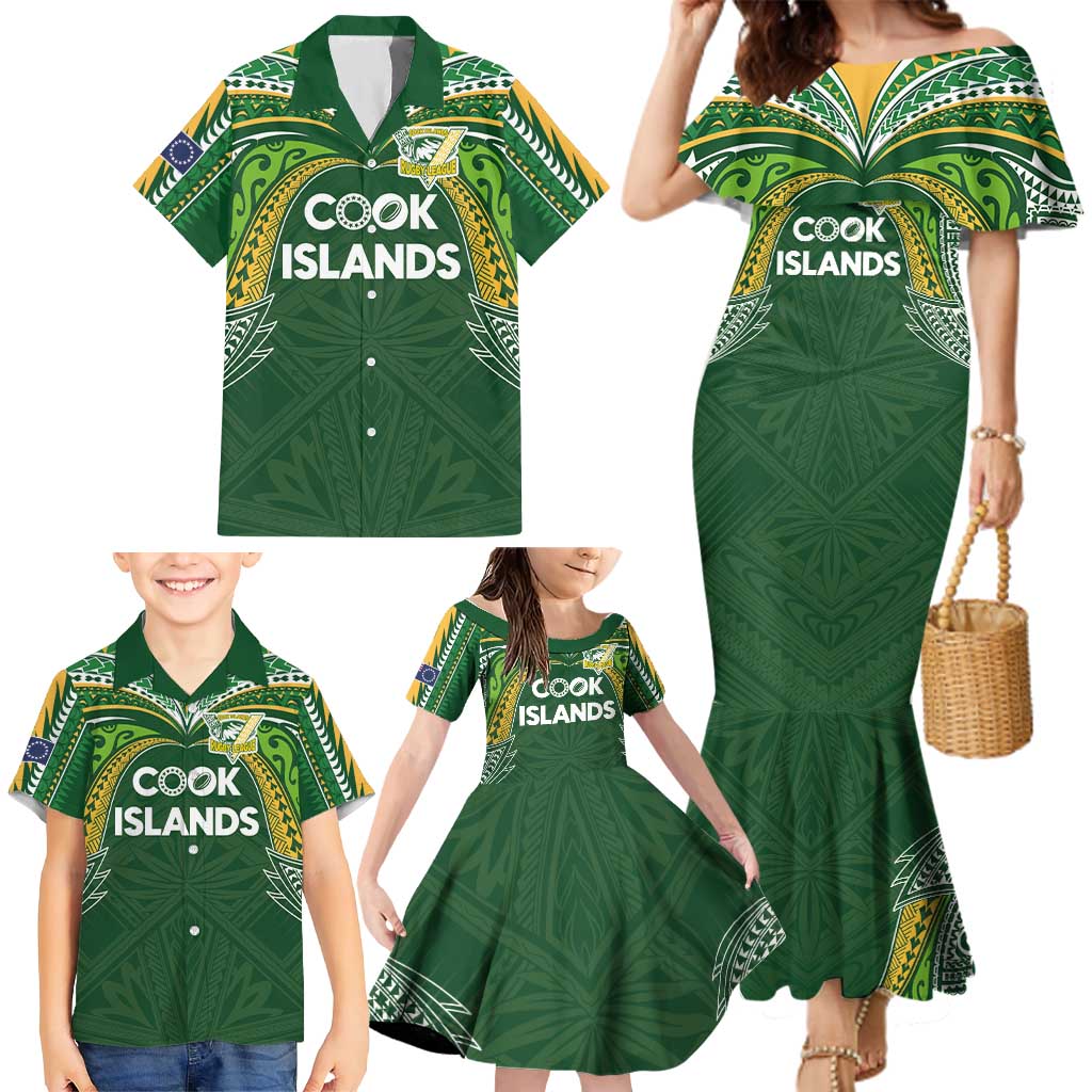 Custom Cook Islands Rugby League Family Matching Mermaid Dress and Hawaiian Shirt Tatau Tribal Motifs-Dark Green Color LT03 - Polynesian Pride
