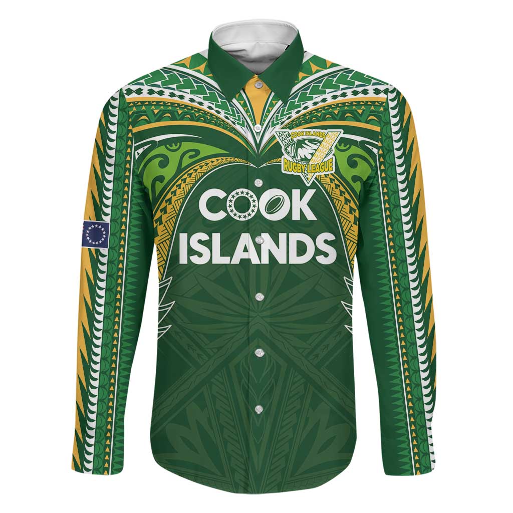Custom Cook Islands Rugby League Family Matching Mermaid Dress and Hawaiian Shirt Tatau Tribal Motifs-Dark Green Color LT03 Dad's Shirt - Long Sleeve Green - Polynesian Pride