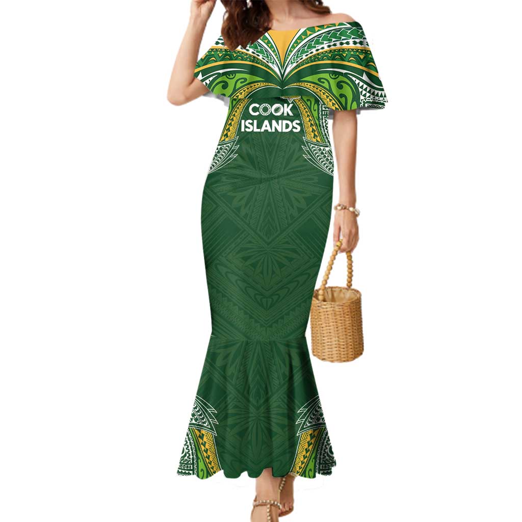 Custom Cook Islands Rugby League Family Matching Mermaid Dress and Hawaiian Shirt Tatau Tribal Motifs-Dark Green Color LT03 Mom's Dress Green - Polynesian Pride