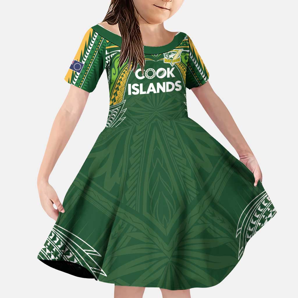 Custom Cook Islands Rugby League Family Matching Off The Shoulder Long Sleeve Dress and Hawaiian Shirt Tatau Tribal Motifs-Dark Green Color LT03 Daughter's Dress Green - Polynesian Pride