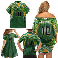 Custom Cook Islands Rugby League Family Matching Off Shoulder Short Dress and Hawaiian Shirt Tatau Tribal Motifs-Dark Green Color LT03 - Polynesian Pride