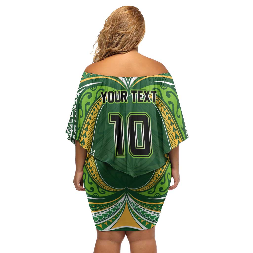 Custom Cook Islands Rugby League Family Matching Off Shoulder Short Dress and Hawaiian Shirt Tatau Tribal Motifs-Dark Green Color LT03 - Polynesian Pride