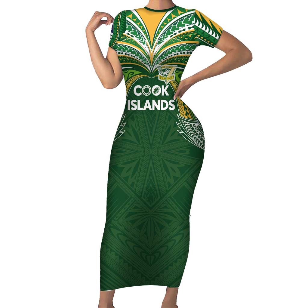 Custom Cook Islands Rugby League Family Matching Short Sleeve Bodycon Dress and Hawaiian Shirt Tatau Tribal Motifs-Dark Green Color LT03 Mom's Dress Green - Polynesian Pride