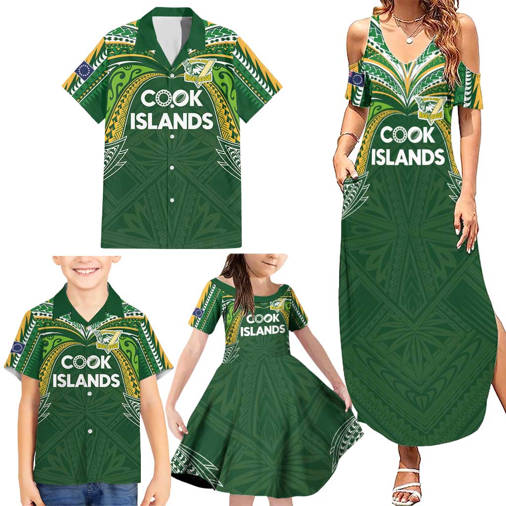 Custom Cook Islands Rugby League Family Matching Summer Maxi Dress and Hawaiian Shirt Tatau Tribal Motifs-Dark Green Color LT03 - Polynesian Pride