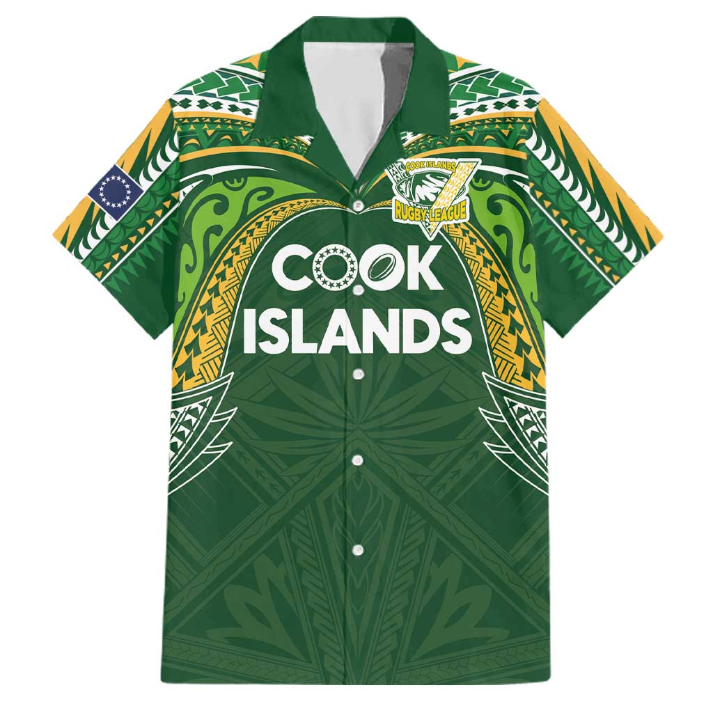 Custom Cook Islands Rugby League Family Matching Summer Maxi Dress and Hawaiian Shirt Tatau Tribal Motifs-Dark Green Color LT03 Dad's Shirt - Short Sleeve Green - Polynesian Pride