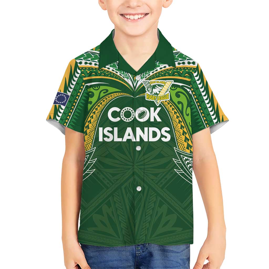 Custom Cook Islands Rugby League Kid Hawaiian Shirt Tatau Tribal Motifs-Dark Green Color LT03 Kid Green - Polynesian Pride
