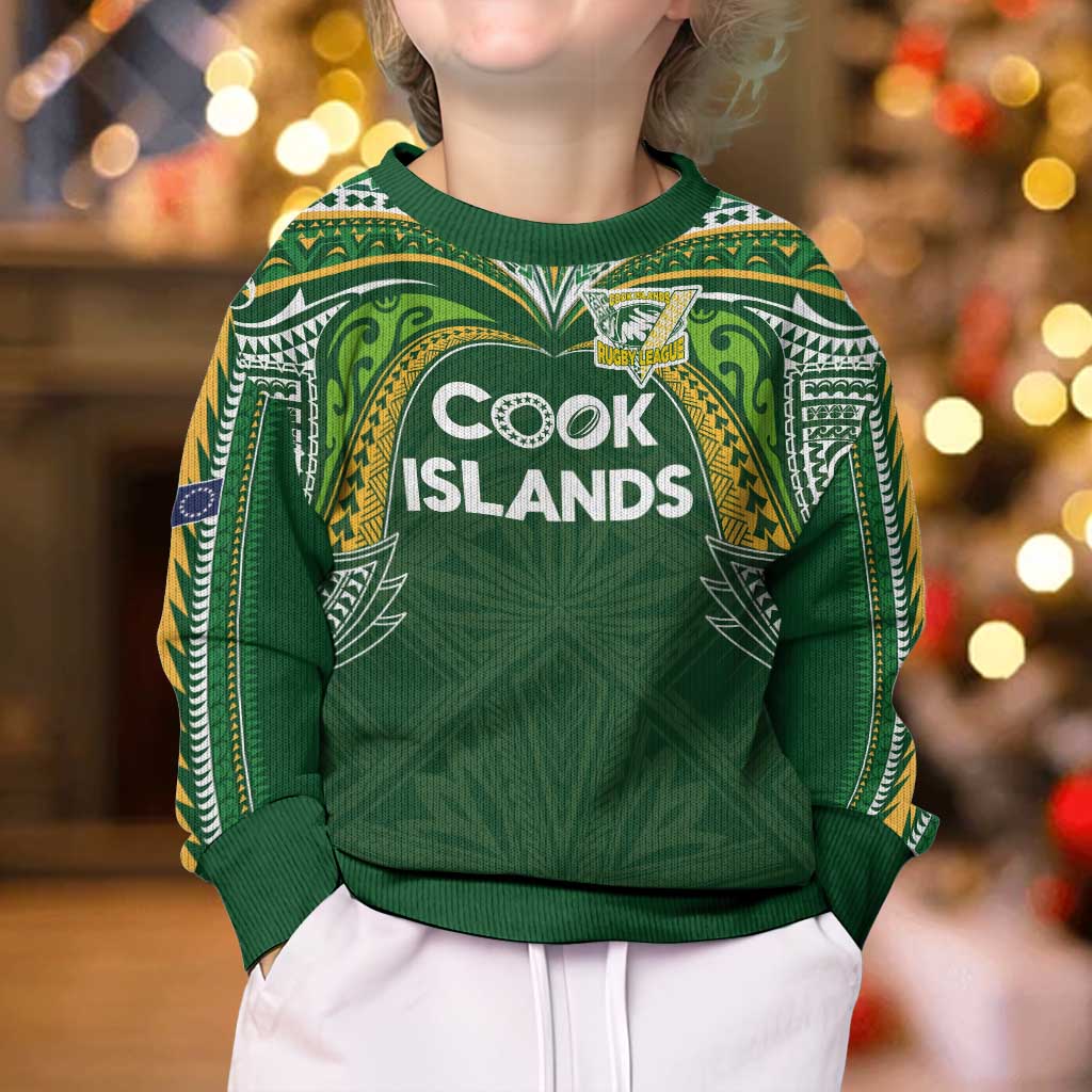 Custom Cook Islands Rugby League Kid Ugly Christmas Sweater Tatau Tribal Motifs-Dark Green Color LT03 - Polynesian Pride