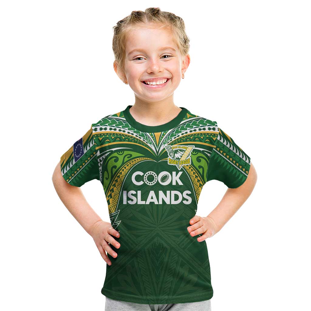 Custom Cook Islands Rugby League Kid T Shirt Tatau Tribal Motifs-Dark Green Color LT03 Green - Polynesian Pride
