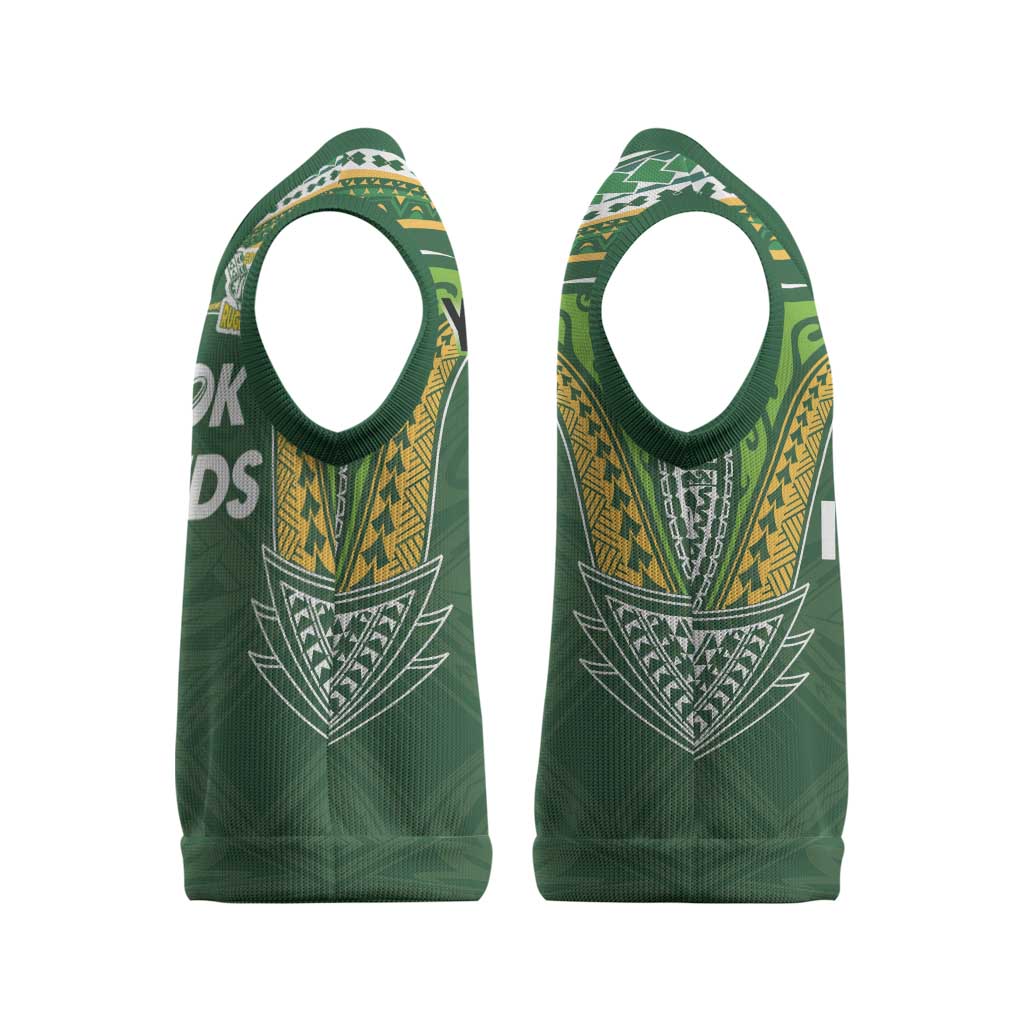Custom Cook Islands Rugby League Christmas Knitted V-Neck Vest Tatau Tribal Motifs-Dark Green Color LT03 - Polynesian Pride