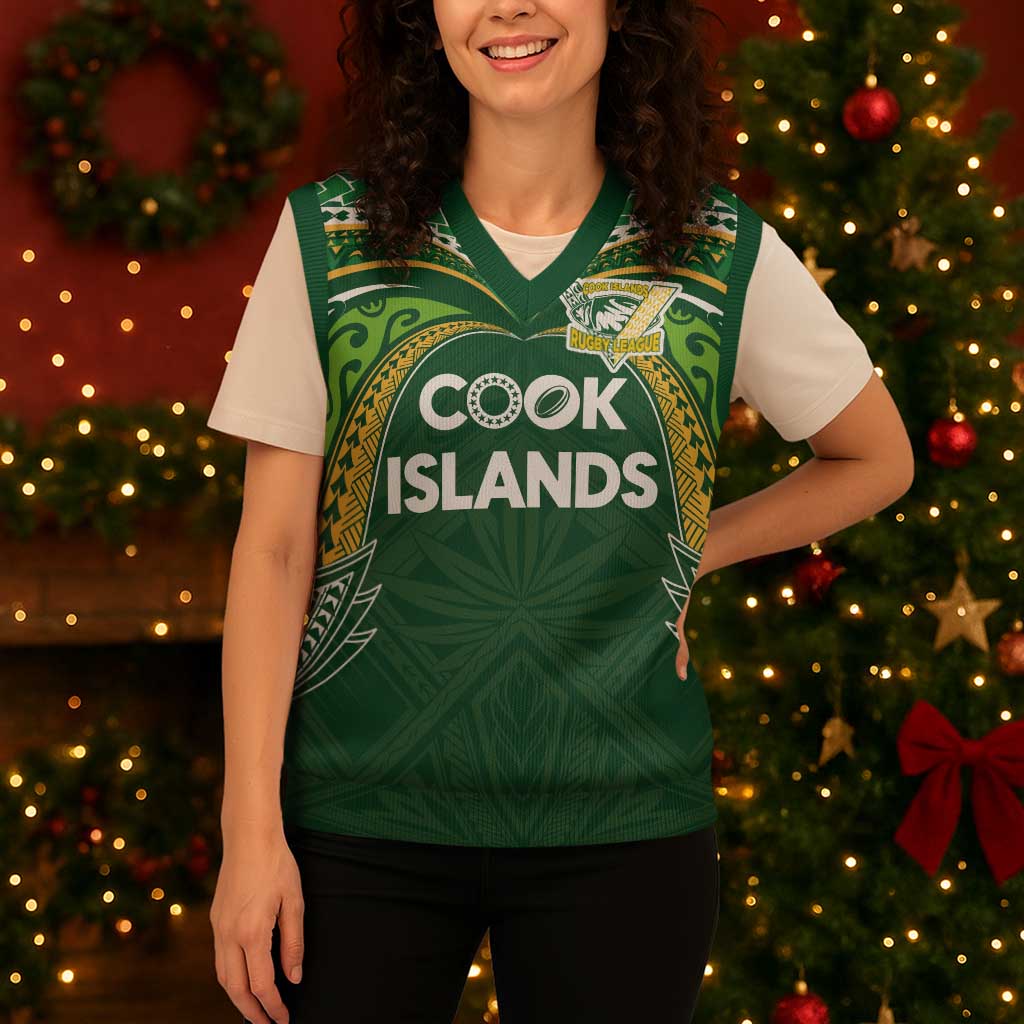 Custom Cook Islands Rugby League Christmas Knitted V-Neck Vest Tatau Tribal Motifs-Dark Green Color LT03 - Polynesian Pride
