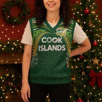 Custom Cook Islands Rugby League Christmas Knitted V-Neck Vest Tatau Tribal Motifs-Dark Green Color LT03 - Polynesian Pride