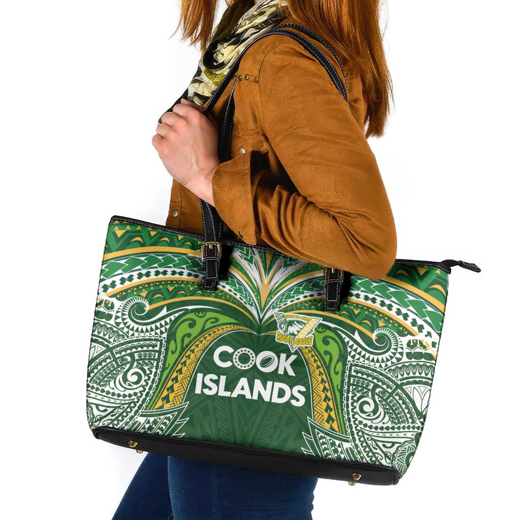 Cook Islands Rugby League Leather Tote Bag Tatau Tribal Motifs-Dark Green Color LT03 Green - Polynesian Pride